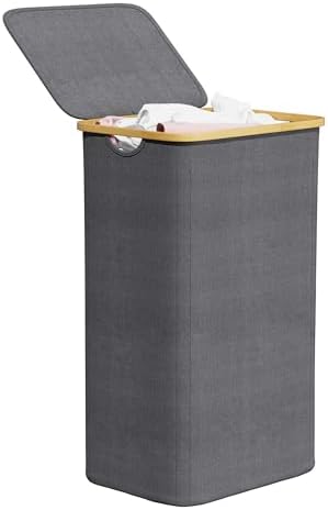 SpaceAid Laundry Hamper with Lid, 110L Large Tall Clothes Basket Bin with Bamboo Handles, Collapsible Laundry Hamper for Bedroom, Bathroom, Dorm, Laundry Room - Grey by SpaceAid