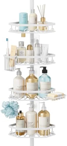 Consumest Shower Caddy Tension Pole - 4 Tier Corner Shower Shelves with Brush & Soap Holder, 304 Stainless Steel Rustproof Adjustable Organizer Rack for Bathtub, Bathroom, 27.6-108.3 Inch, White by Consumest