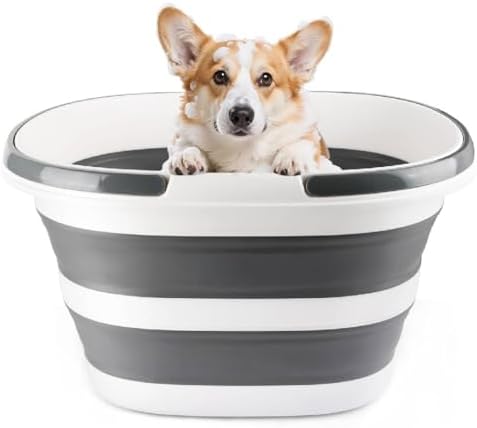 28L Large Collapsible Mop Bucket with Handle for Cleaning, Silicone Portable Pet Bathtub for Puppy Small Dogs Cats, Foldable Laundry Basket Hamper Clothes Storage Bin Space Saving Design for RV Home by BIDFUL