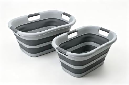 SAMMART Pack of 2 Collapsible Plastic Laundry Basket & Clothes Hamper, Comfort Non-Slip Handle, Foldable Storage Organizer with Space Saving Design, Portable Pop Up Container for Indoor and Outdoor by SAMMART