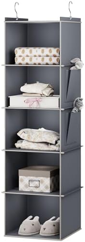 YOUDENOVA Hanging Closet Organizer and Storage for Clothes, 5-Shelf, Grey | Locker/RV/Camper Organizer, 2 Side Pockets, Hanging Shelves for Small Closet, Dorm Room Essentials for Guys, Non-woven Fabric by YOUDENOVA