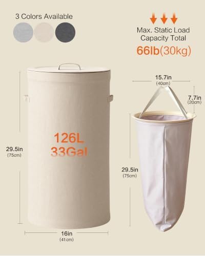 126L Laundry Basket with Lid, Laundry Hamper, Laundry Room, Beige - Image 3