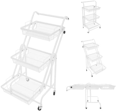 3 Tier Foldable Rolling Cart, Metal Rolling Utility Cart Adjustable Movable Storage Organizer with Wheels for Living Room, Kitchen, Bathroom Bedroom and Office, (White) by RustyVioum
