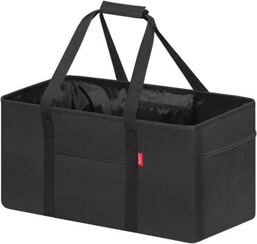LHZK Standing Extra Large Utility Tote Bag with Metal Wire Frame and the Sides Rinforced, Extra Large Tote Bag with Handle, Reusable Grocery Bags Foldable, Beach Bag, Car Tote (Black, 26''x15''x13'') by LHZK
