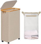 efluky Slim Laundry Hamper with Wheels, Narrow Laundry Basket with Lid and Removable Bag, Aesthetic Dirty Clothes Hamper on Wheels for Laundry Room, Bedroom, Dorm and Bathroom, 75L Beige by efluky