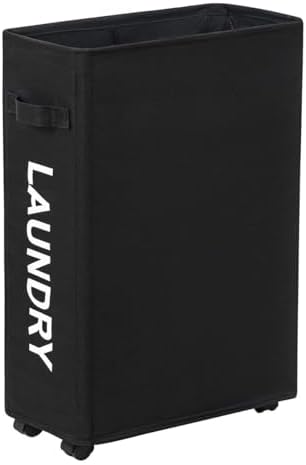 Slim Laundry Hamper with Wheels, 52L Skinny Hamper, 22" Black by ZeroJetLag