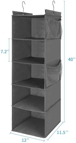 MAX Houser 5 Shelf Foldable Hanging Closet Organizer, Cloth Hanging Shelf with 4 Side Pockets, Space Saver, Grey - Image 3