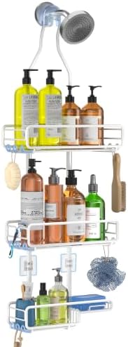 Skyapex Shower Caddy Hanging Bathroom Organizer: Over Head Adjustable Rack for Tall Showerhead - Extra Large Storage Shelf for Big Shampoo Bottles with Soap Holder (White) by Skyapex