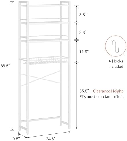 Over The Toilet Storage Shelf, 4-Tier Bathroom Organizer with Basket & Hooks, Sturdy Space Saver for Small Bathrooms, White - Image 2