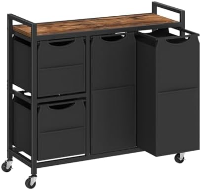 HOOBRO Laundry Sorter with 4 Section, 34 Gal. (127 L) Laundry Hamper with Wheels, Rolling Laundry Basket with Shelf, Pull-Out Detachable Bags, Side Pockets, Rustic Brown and Black BF14XY01N1 by HOOBRO