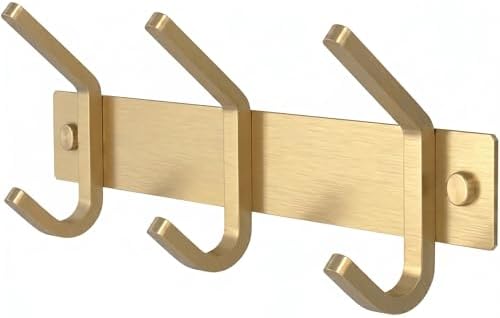 Brushed Gold Small Coat Rack Wall Mount – 9 Inch Stainless Steel Rail with 3 Double Coat Hooks for Entryway, Bathroom, Bedroom, Kitchen – Modern Gold Hook Rack for Coats, Hats, Towels by SAYONEYES