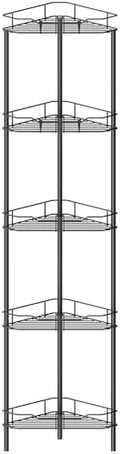 HuggieGems 5 Tier Floor Standing Corner Shower Caddy Organizer Shelf with Hooks, Bathroom Shelves Stand Rack, Black by HuggieGems
