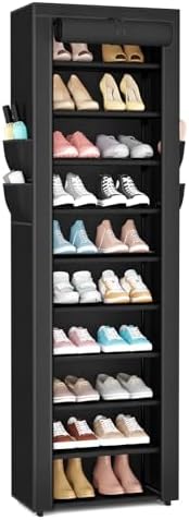 VTRIN Vertical Narrow Shoe Rack Organizer 10 Tier Tall Shoe Shelf Holds 20-22 Pairs with Non-Woven Dustproof Cover for Closet, Entryway Black by VTRIN