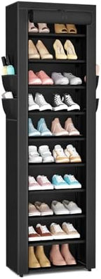 VTRIN Vertical Narrow Shoe Rack Organizer 10 Tier Tall Shoe Shelf Holds 20-22 Pairs with Non-Woven Dustproof Cover for Closet, Entryway Black by VTRIN