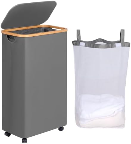 efluky Slim Laundry Basket with Wheels, Narrow Rolling Laundry Hamper with Lid and Removable Bag, Tall Aesthetic Dirty Clothes Hamper on Wheels for Laundry Room, Bedroom, Dorm and Bathroom, 75L Grey by efluky