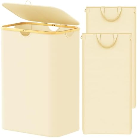 SpaceAid Double Laundry Hamper 2 Section with Lid and Removable Laundry Bags, 160L Clothes Basket with Bamboo Handles, Large Collapsible Hamper for Bedroom, Bathroom, Dorm, Laundry Room - Beige by SpaceAid