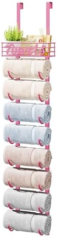 HapiRm Towel Racks for Bathroom Storage - 9 Tier Over The Door & Wall Mount Rolled Towel Storage Organizer Holder with Metal Shelf Basket for Small Bathroom, Camper, Rv - Pink, Patented by HapiRm