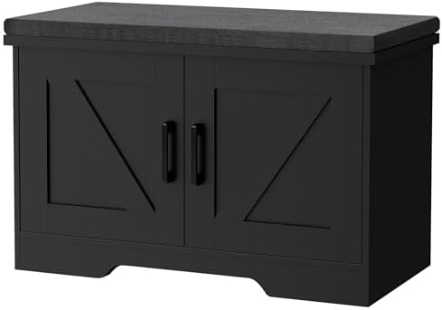 HOMSHO Farmhouse Shoe Storage Bench with 2 Barn Doors & Padded Seat Cushion by HOMSHO