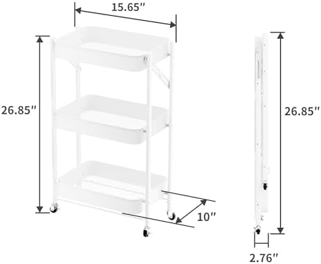 JAQ Foldable Rolling Cart with Wheels, No Assembly Required 3-Tier Small Utility Cart, 26.8" Low Profile Under Desk Storage Cart, 10" Wide Narrow Organizer for Office and Kitchen, White - Image 3