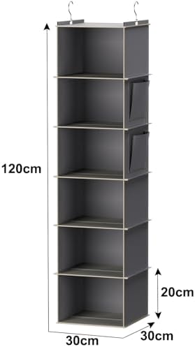 YOUDENOVA Hanging Closet Organizer and Storage, 6-Shelf, Grey | Dorm Room Essentials for Guys, Clothes Organizer with 2 Side Pockets, Hanging Shelves for Closet Storage, Breathable Fabric - Image 3