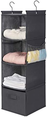 MAX Houser 4-Shelf Hanging Closet Organizer, Space Saver, Cloth Hanging Shelves with 2 Side Pockets, Foldable (Grey) | Foldable Fabric Hanging Shelves for Closet, Cloth Hanging Shelves with 2 sturdy hanging hooks, Small Space Saver - Image 4