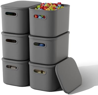 ORGIDOL 6 Pack Grey Storage Bins with Lids Stackable Storage Container for Organizing, Storage Boxes with Handle for Shelves, Cute Organizer Bins for Craft, Snacks, 9.85x6.9x5.7 inch by ORGIDOL