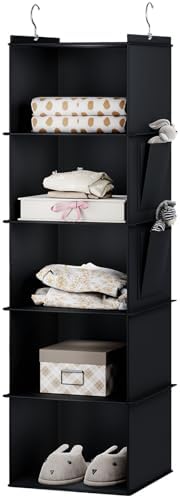 YOUDENOVA Hanging Closet Organizer and Storage for Clothes, 5-Shelf, Black | Locker/RV/Camper Organizer, 2 Side Pockets, Hanging Shelves for Small Closet, Dorm Room Essentials for Guys, Non-woven Fabric by YOUDENOVA
