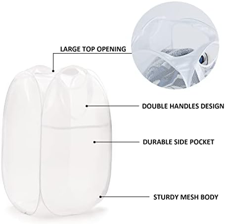 TECHMILLY Collapsible Mesh Pop Up Laundry Hamper with Sturdy Handles and Side Pocket - Portable Foldable Clothes Baskets for Dorm, Bathroom & Travel Storage (White, 3 Packs) - Image 3