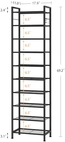usikey 10 Tiers Narrow Shoe Rack 20-30 Pairs, Sturdy Metal Tall Shoe Rack Shelf with 4 Hooks, Slim Shoe Storage with Metal Shelf, Space Saving Vertical Shoe Organizer for Closet Entryway, Black - Image 3