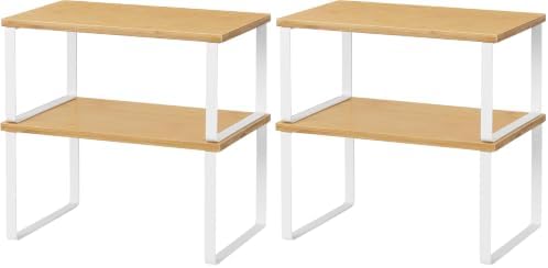 NEX Kitchen Cabinet and Counter Shelf Organizer, Stackable & Expandable, White and Natural (Pack of 2) by NEX