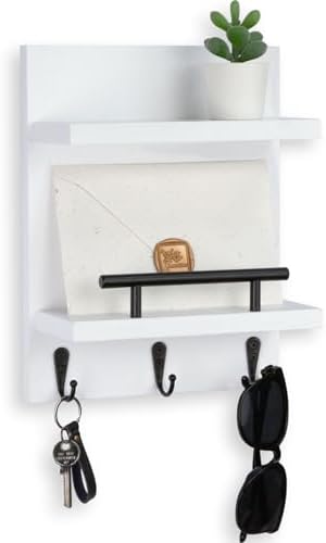 Key Holder Wall Mount, Mail Shelf Decor with 3 Key Hooks, Versatile Wood Wall Organizer for Entryway Hallway (8.2” x 10.6”x 3.6”) (White) by Lucundm