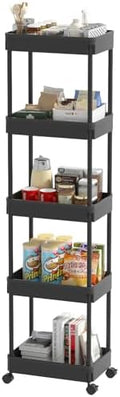 Sooyee 5-Tier Plastic Rolling Utility Cart with Wheels, Multi-Functional Storage Trolley for Office, Living Room, Kitchen, Movable Storage Organizer, Black by Sooyee