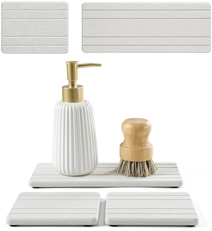 3 Pack Diatomite Stone Sink Tray, Water Absorbing Mat for Kitchen & Bathroom Counter, Quick Dry Soap Dish Makeup Vanity Caddy,Sponge Holder Organizer, Beige - 2pcs of 4.5"x 3.5" and 1pc of 9"x 3.5" by Homdiva