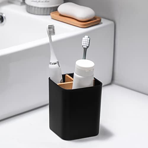 Bamboo Toothbrush Holder for Bathrooms Toothpaste Organizer - Black - Image 3