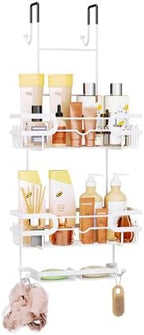 SWTYMIKI Over The Door Shower Caddy With Double Soap Holder, Hanging Shower Caddy With 16 Hooks, No Drilling Hanging Shower Organizer Over Door To Organize Bathroom Essentials, White by SwtyMiki-TidyHomeSweetLife