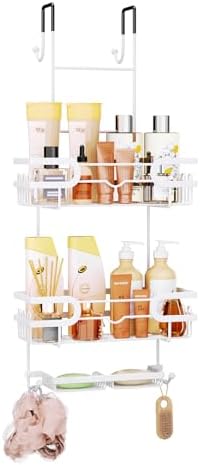 SWTYMIKI Over The Door Shower Caddy With Double Soap Holder, Hanging Shower Caddy With 16 Hooks, No Drilling Hanging Shower Organizer Over Door To Organize Bathroom Essentials, White by SwtyMiki-TidyHomeSweetLife