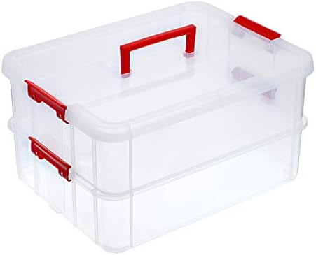 BTSKY 2 Layer Stack & Carry Box, Plastic Multipurpose Portable Storage Container Box Handled Organizer Storage Box for Organizing Stationery, Sewing, Art Craft, Jewelry and Beauty Supplies(Red) by BTSKY