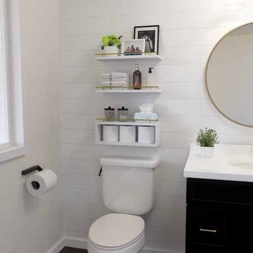 WOPITUES Floating Shelves for Wall with Cube Shelf, Wall Shelves with Metal Rail for Decor, Bathroom Organizers and Storage, Over Toilet Shelves for Bathroom, Toilet Paper-White&Gold - Image 4