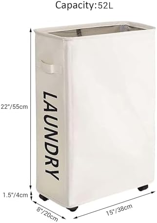 Slim Laundry Hamper with Wheels, 52L Skinny Hamper, 22" Beige - Image 2