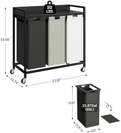 Herture Laundry Hampers with Shelf, Laundry Basket 3 Section, 3 x 15.87 Gal - Image 4