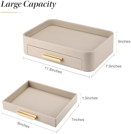 GORESE Valet Jewelry Tray Nightstand Organizer with Drawer, PU Leather Perfume Tray Trinket Trays for Vanity Bathroom Entryway, Catchall Trays for Key Purse Watch Cologne, Gift for Women Men, Beige - Image 3