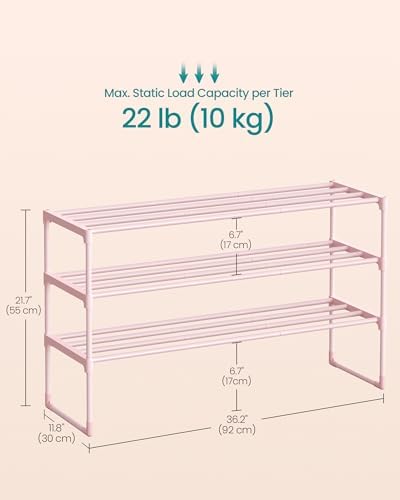 SONGMICS Shoe Rack, 3-Tier Shoe Organizer, Metal Storage Shelf | for Entryway, Upright or Upside Down, for 16-20 Pairs, Stackable, 11.8 x 36.2 x 21.7 Inches, Jelly Pink ULSA303S01 - Image 3