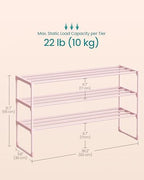 SONGMICS Shoe Rack, 3-Tier Shoe Organizer, Metal Storage Shelf | for Entryway, Upright or Upside Down, for 16-20 Pairs, Stackable, 11.8 x 36.2 x 21.7 Inches, Jelly Pink ULSA303S01 - Image 3