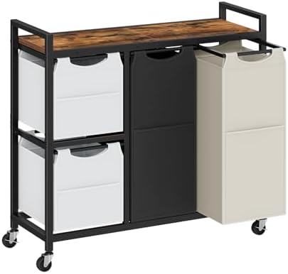 HOOBRO Laundry Sorter with 4 Section, 39 Gal. (147 L) Laundry Hamper with Wheels, Rolling Laundry Basket with Shelf, Pull-Out Detachable Bags, Side Pockets, Rustic Brown, Black and Beige BFE14XY01N1 by HOOBRO