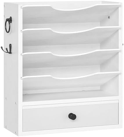 HOOBRO Wall File Organizer, Mail Organizer Wall Mounted, Wooden Literature Organizer, Construction Paper Organizer with Drawer Storage and 2 Hooks, for Office, Classroom, Home, White WT14WF01 by HOOBRO