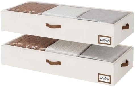 StorageWorks 7 Inch Low Profile Under Bed Storage Containers with Clear Lid | Reinforced Structure, Resists Sagging, Handles & Label Holder, Foldable Stackable Closet Storage for Clothes, Blankets, Toys by StorageWorks