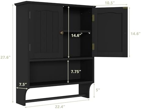 Smuxee Black Bathroom Cabinet Wall Mounted with Towels Bar, Medicine Cabinet with 2 Door Adjustable Shelves, Over Toilet Cabinet for Bathroom Laundry Room Kitchen - Image 3