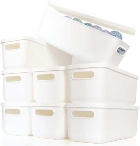 Yishyfier Plastic Storage Baskets With Lid Organizing Container Lidded Knit White Storage Organizer Bins for Shelves Drawers Desktop Playroom Classroom Office (8XS) by Yishyfier