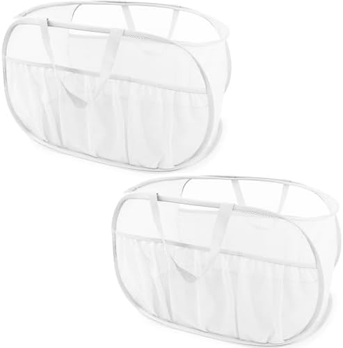 2 Pack Collapsible Laundry Baskets, Upgrade Pop Up Laundry Hamper with Convenient Bags, Foldable Laundry Basket Mesh Light Weight, Easy to Carry Clothes Hampers for Laundry, Dorm, Toys, Travel White by BATTOO