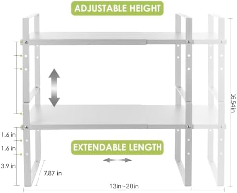 Across-Star Expandable Cabinet Shelf Organizer Rack, Stackable Kitchen Counter Storage Shelves Stand, Adjustable Height Pantry Shelf Spice Rack (White, 2 Pack) - Image 3